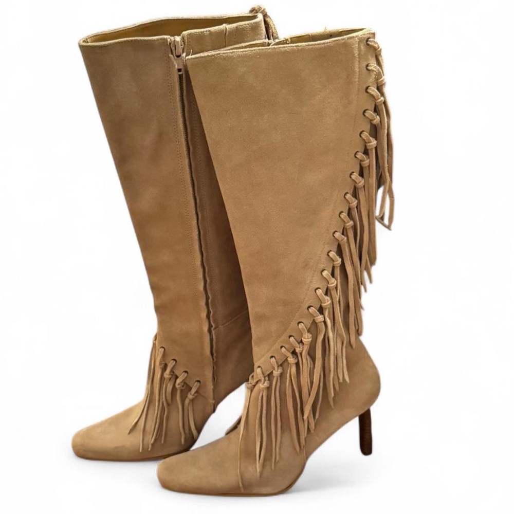 Tan Fringe Knee-High Heeled Boots